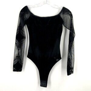 Bodysuit Women XS Black Velvet Burnout‎ Sheer Mesh Moon Witchy Goth Punk